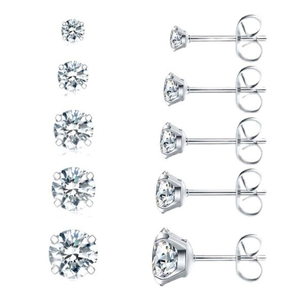Set of 5 Pairs of Hypoallergenic Stainless Steel CZ Stud Earrings 3-8mm - NIB